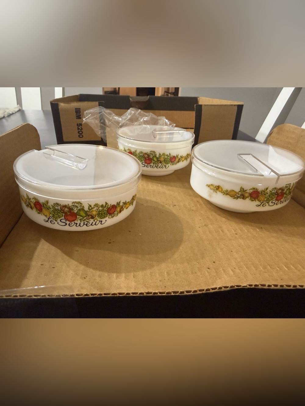 Le Serveur White Glass Covered Serving Bowls with Fruit Motif - Set of 3